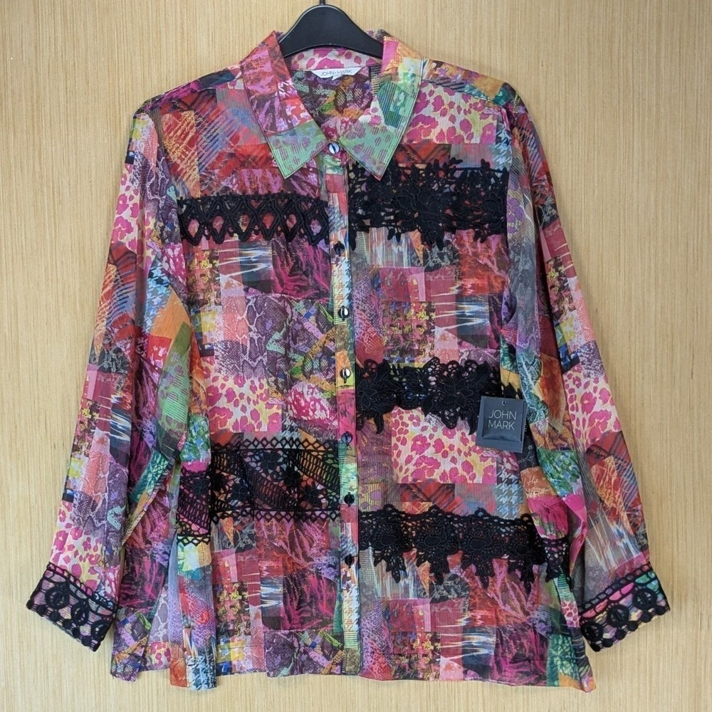 John Mark Maximalism Artsy Patchwork Lace Button Down Top Size 1X Colorful Sheer